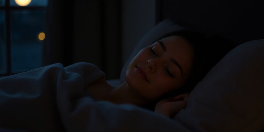 Woman calmly sleeping in bed.
