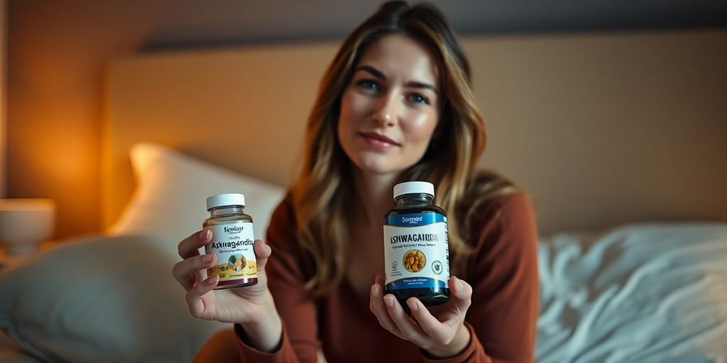 Woman holding ashwagandha, feeling calm, in bedroom.