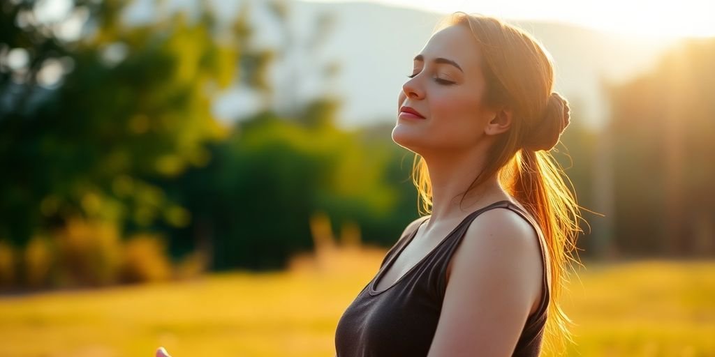 Woman meditating peacefully at sunrise.