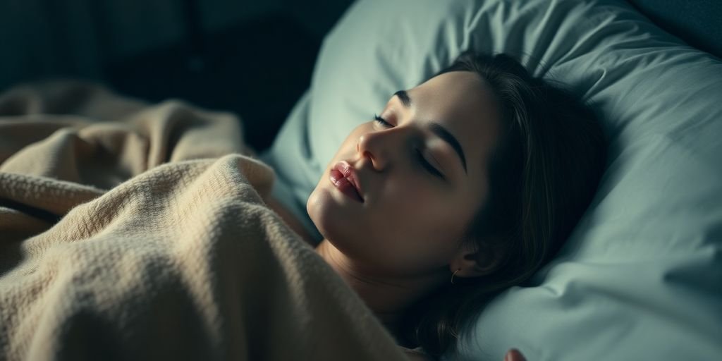 Woman calmly sleeping in a cozy bed.
